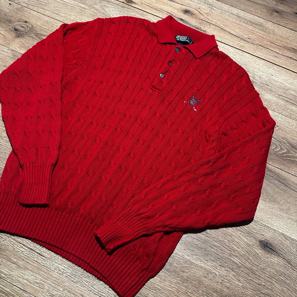 Vintage Polo Ralph Lauren Red Cable Knit Golf Crest Sweater Mens Large